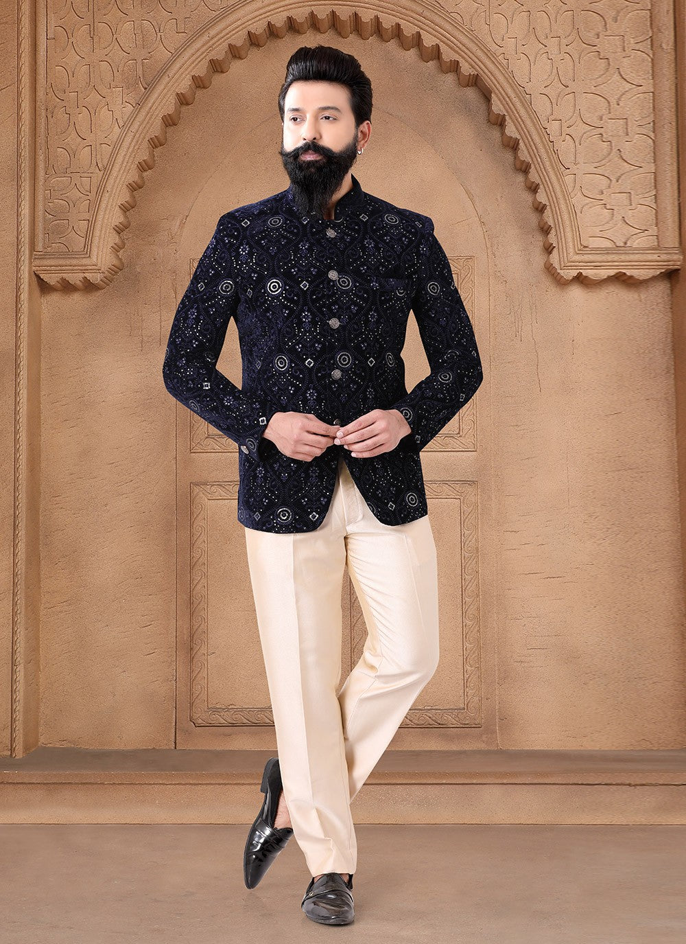 Embroidered Velvet Blue Jodhpuri Suit - M7624