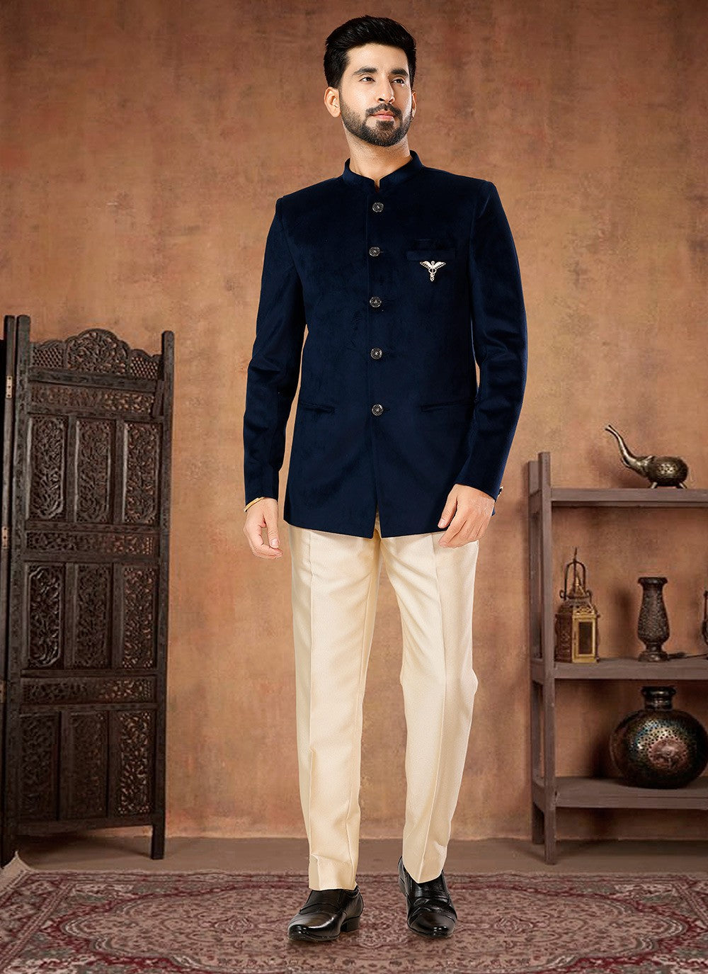 Buttons Velvet Blue Jodhpuri Suit - M7063