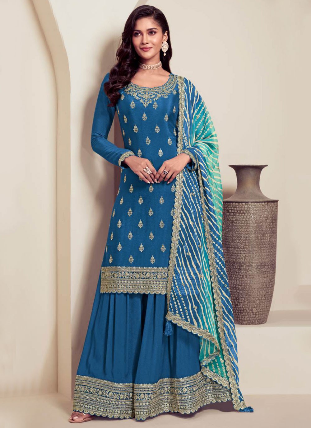 Palazzo Suit Embroidered Blue Chinon T5831