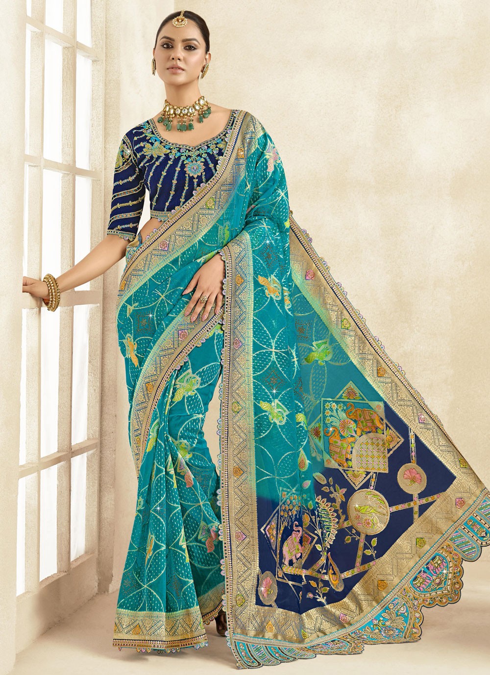Cut Work Silk Blue Classic Saree S15464
