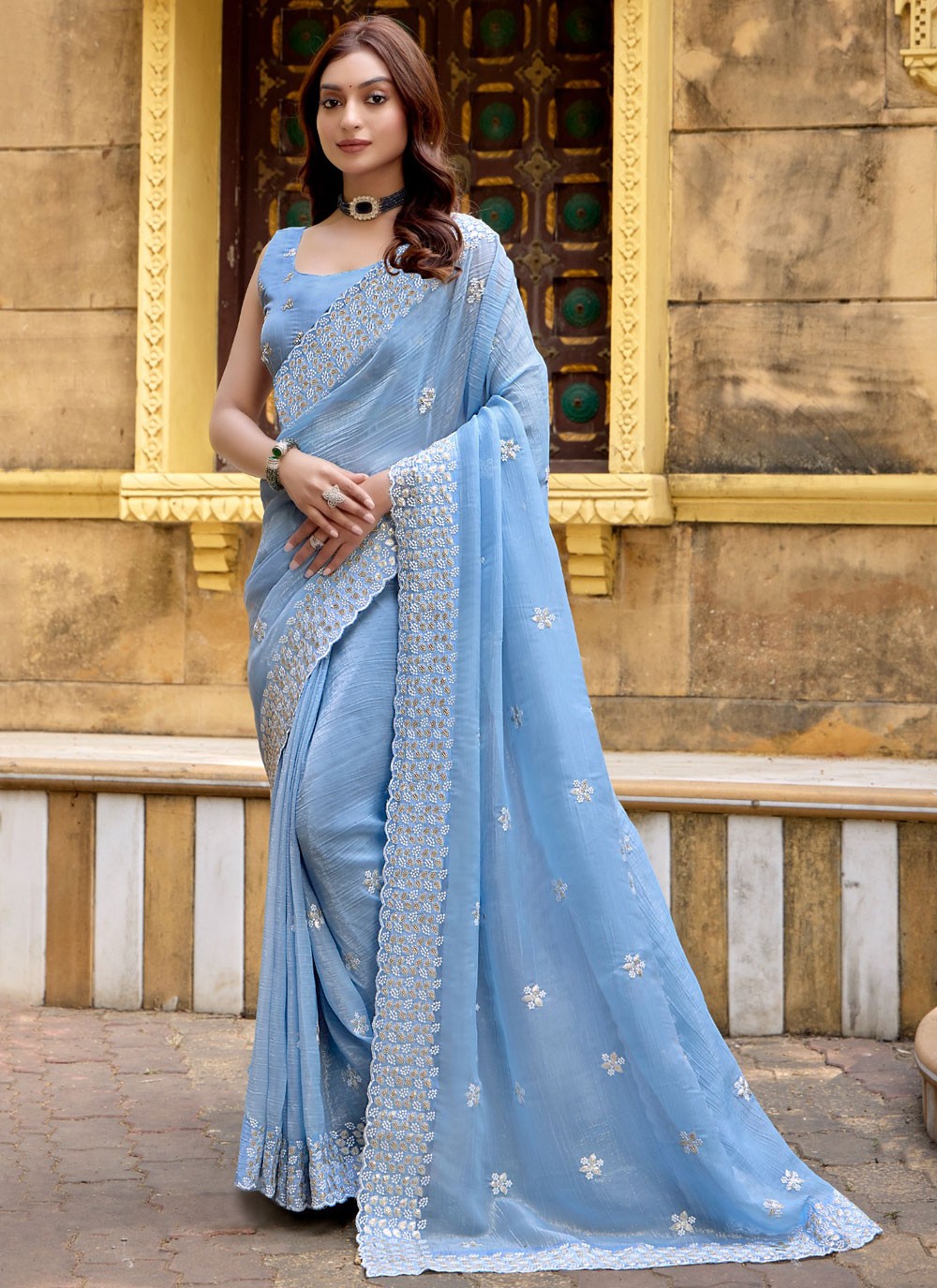 Designer Cut Work Blue Chiffon Saree S13411