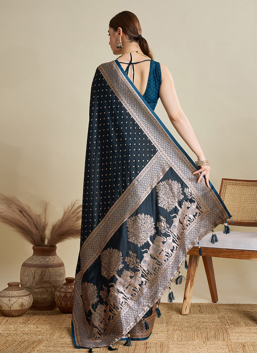 Blue Satin Silk Contemporary Saree Woven, Zari S16982