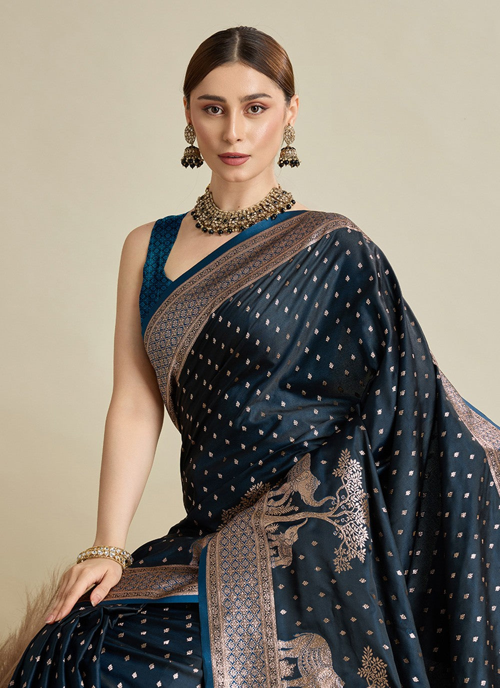 Blue Satin Silk Contemporary Saree Woven, Zari S16982