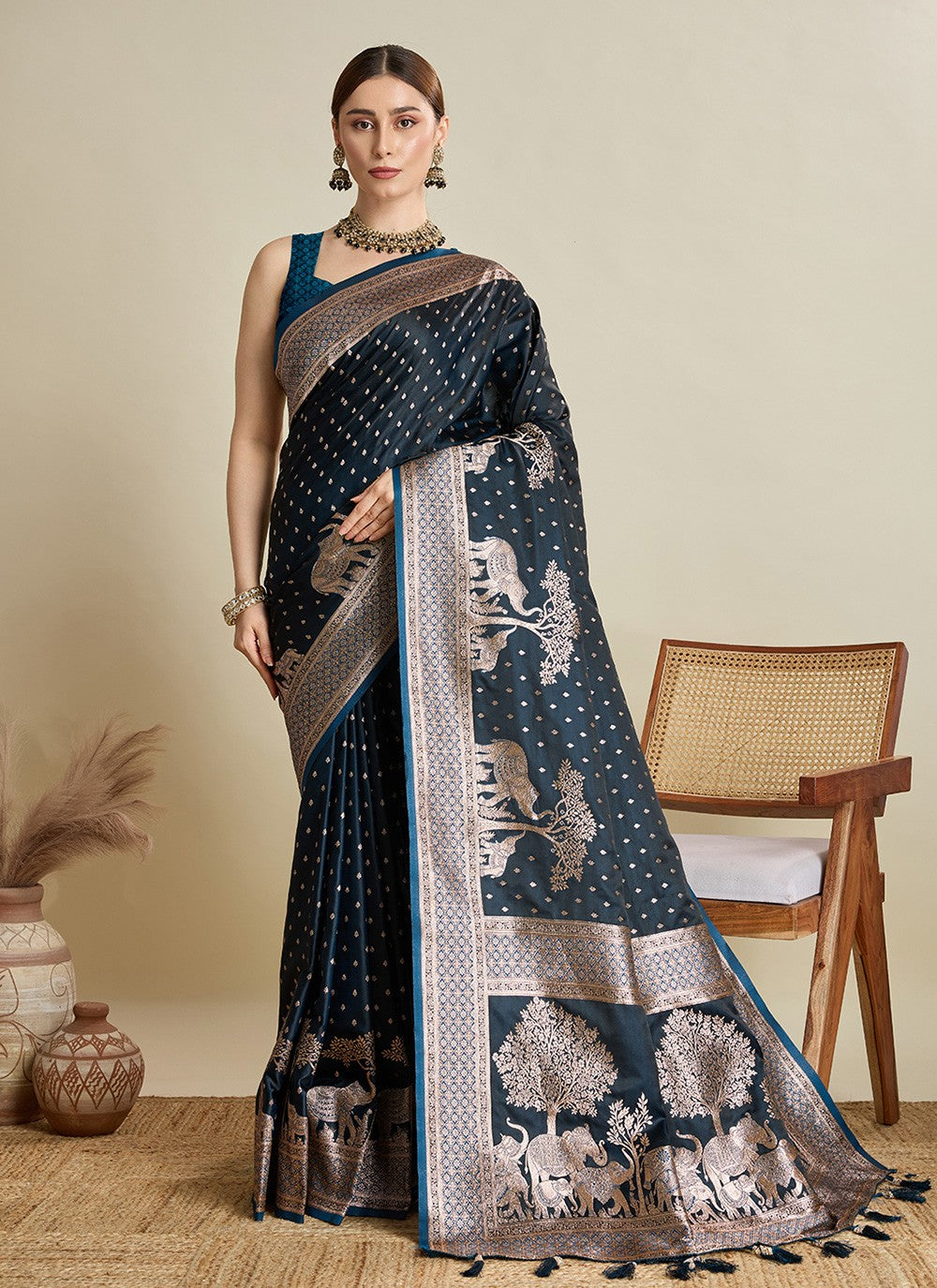 Blue Satin Silk Contemporary Saree Woven, Zari S16982