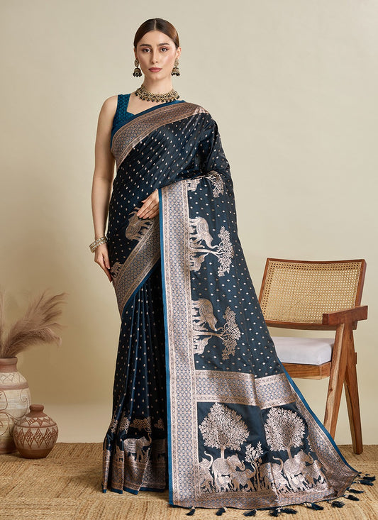 Blue Satin Silk Contemporary Saree Woven, Zari S16982