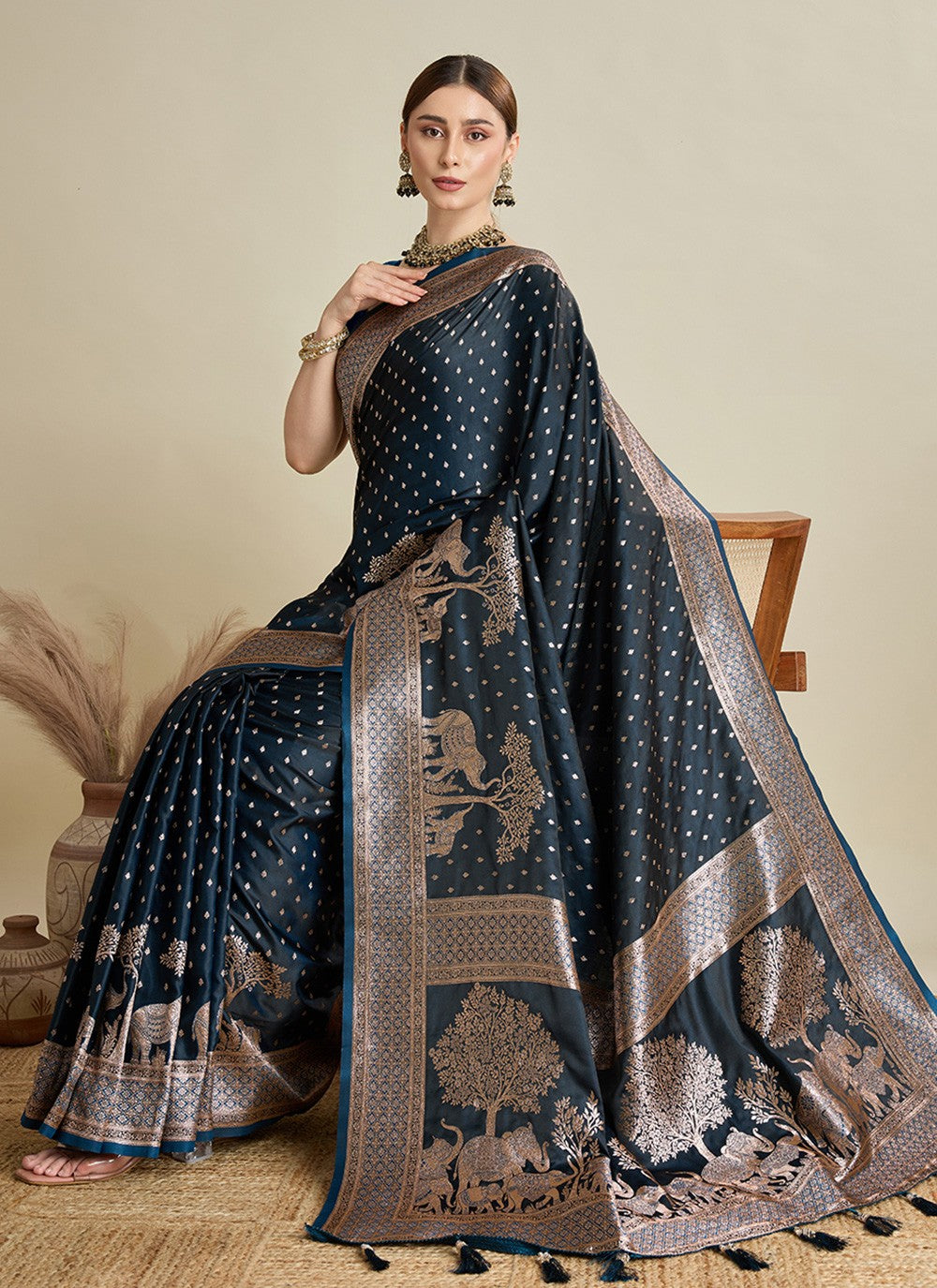 Blue Satin Silk Contemporary Saree Woven, Zari S16982