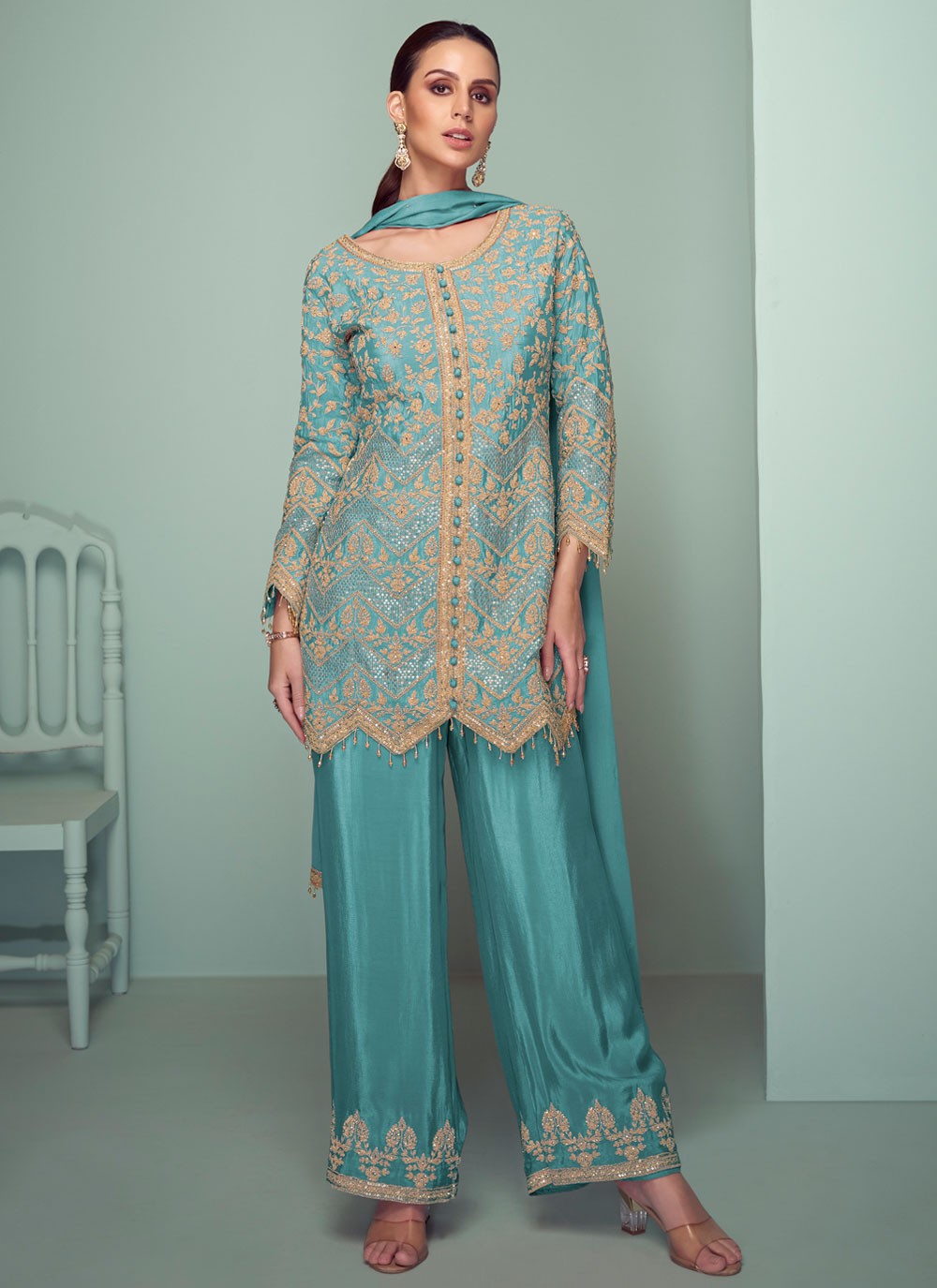 Palazzo Suit Embroidered, Sequins, Zari Blue T7373