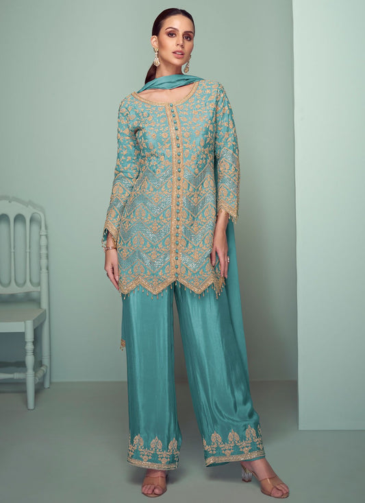 Palazzo Suit Embroidered, Sequins, Zari Blue T7373