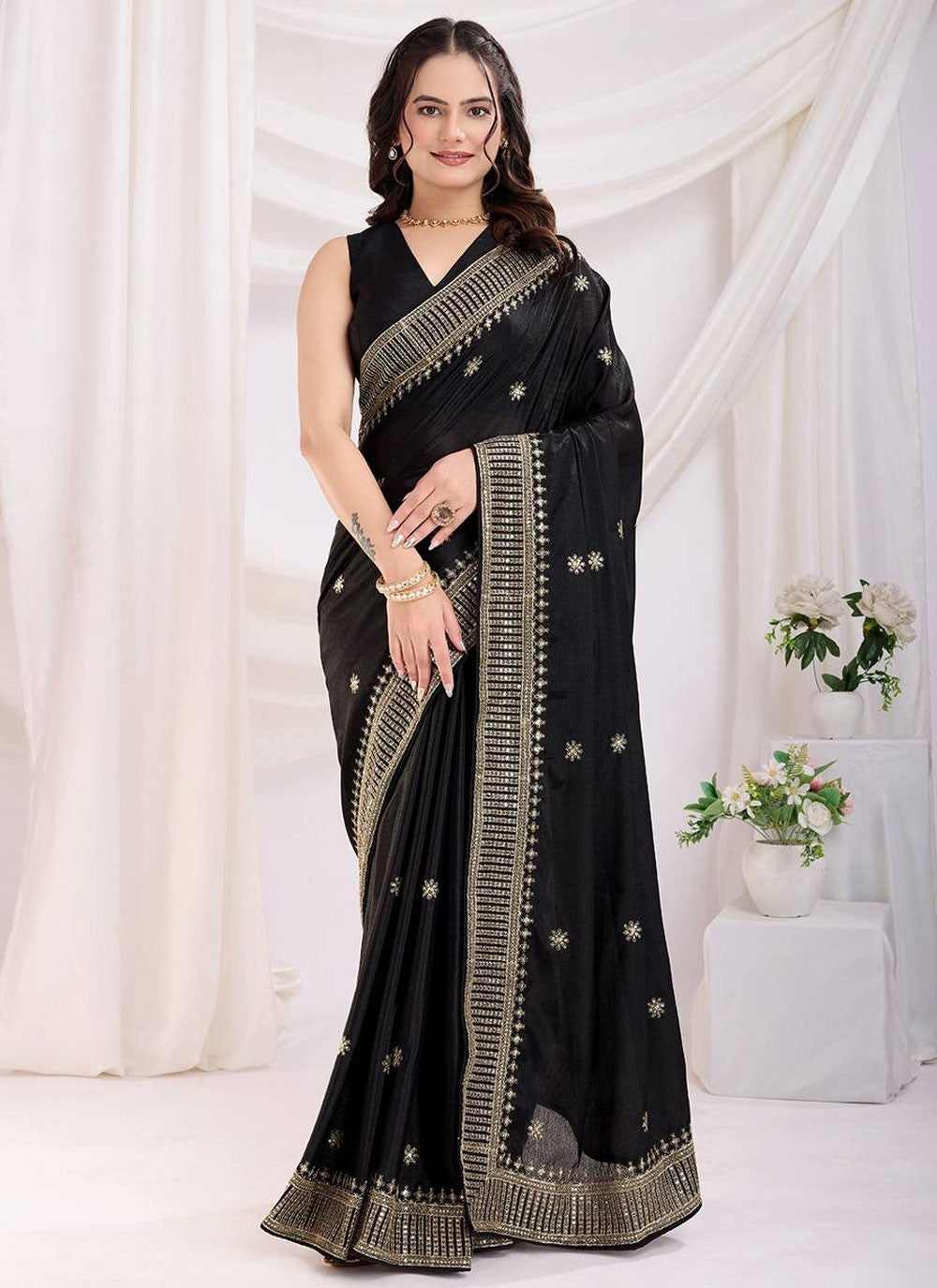 Contemporary Border Work Black Silk Saree S12964