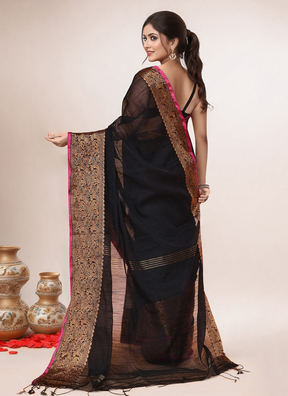 Black Blended Cotton Trendy Saree Border Work S19993