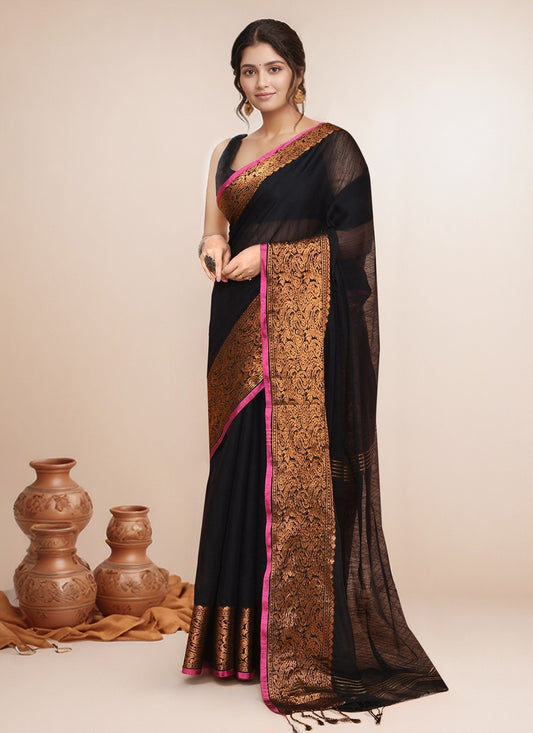 Black Blended Cotton Trendy Saree Border Work S19993