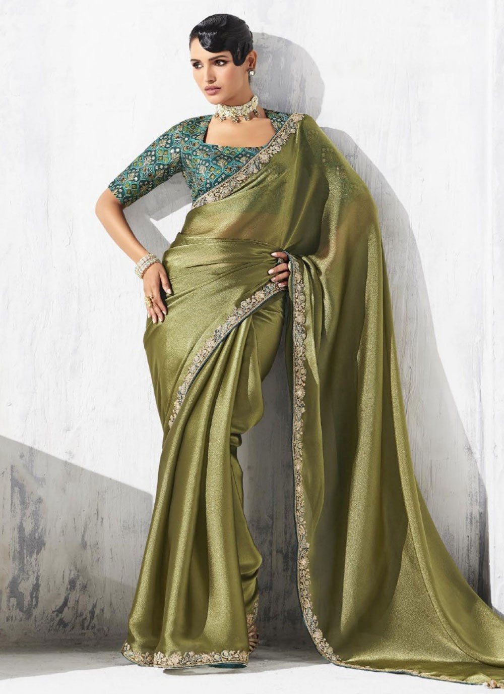 Green Fancy Fabric Classic Saree Border Work, Embroidered S19809