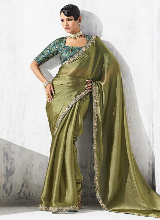 Green Fancy Fabric Classic Saree Border Work, Embroidered S19809