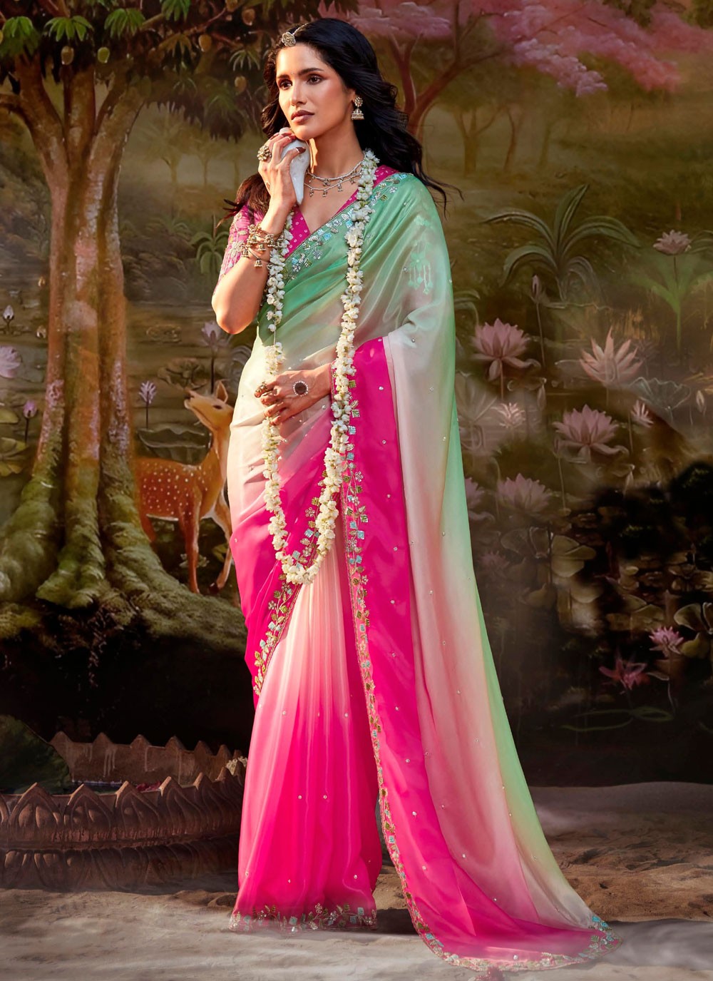 Shaded Border Work Fancy Fabric Saree - S7643