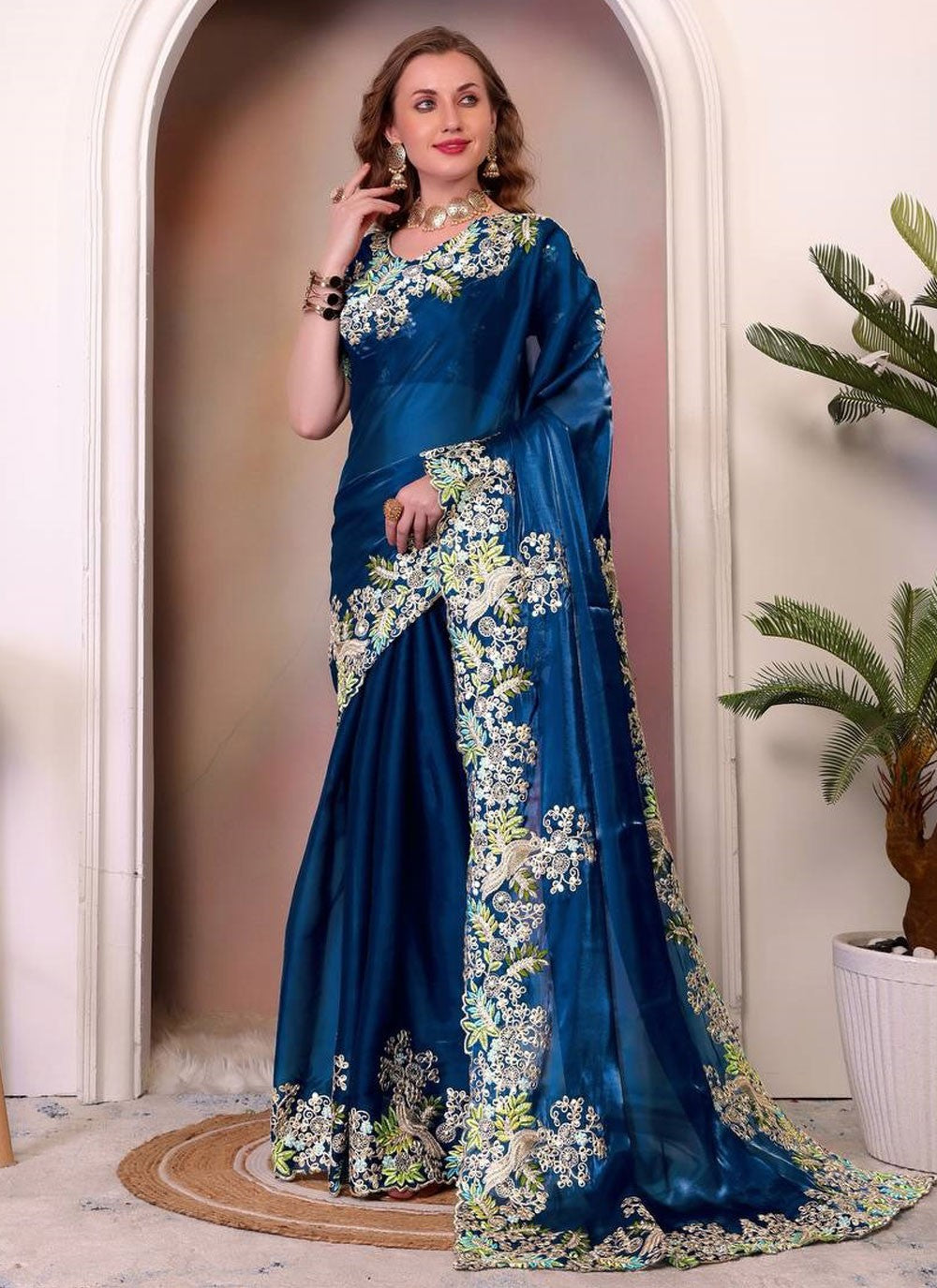 Traditional Border Work Teal Jimmy Chu Saree S12942
