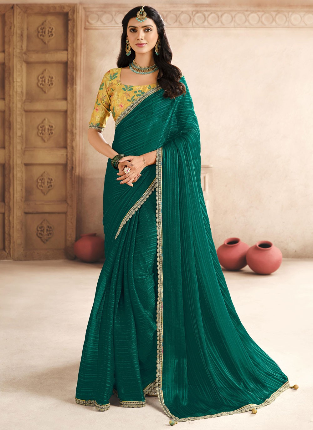 Contemporary Border Work Rama Silk Saree S13210