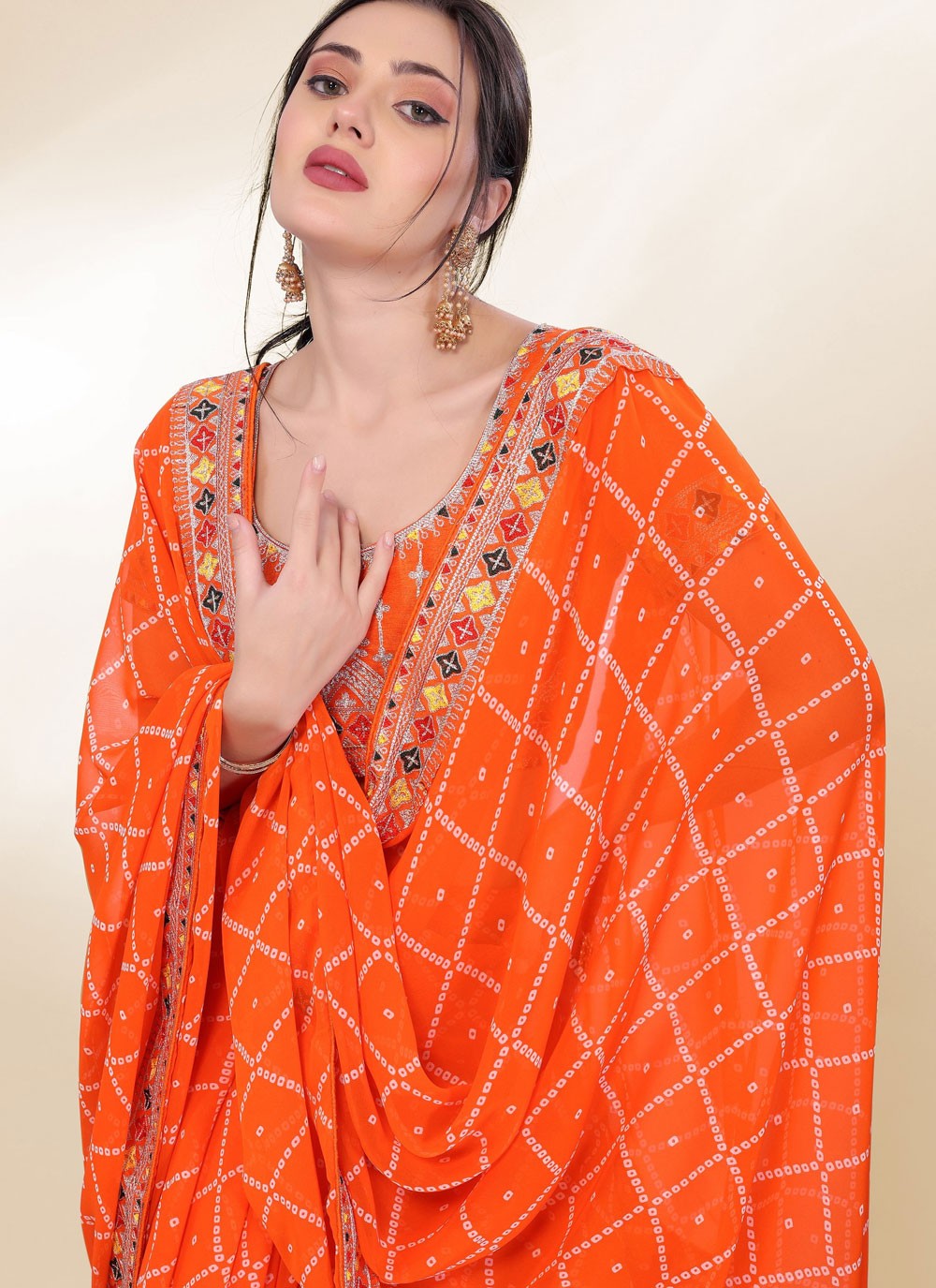 Border Work Georgette Orange Saree S14053