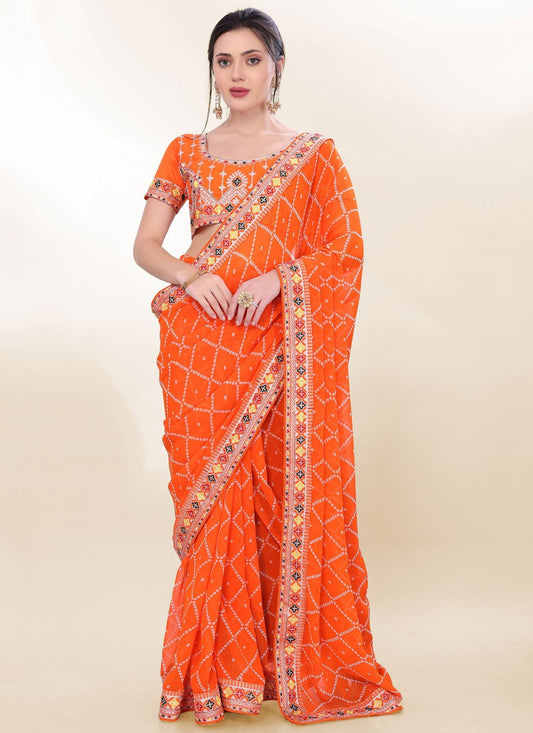 Border Work Georgette Orange Saree S13817