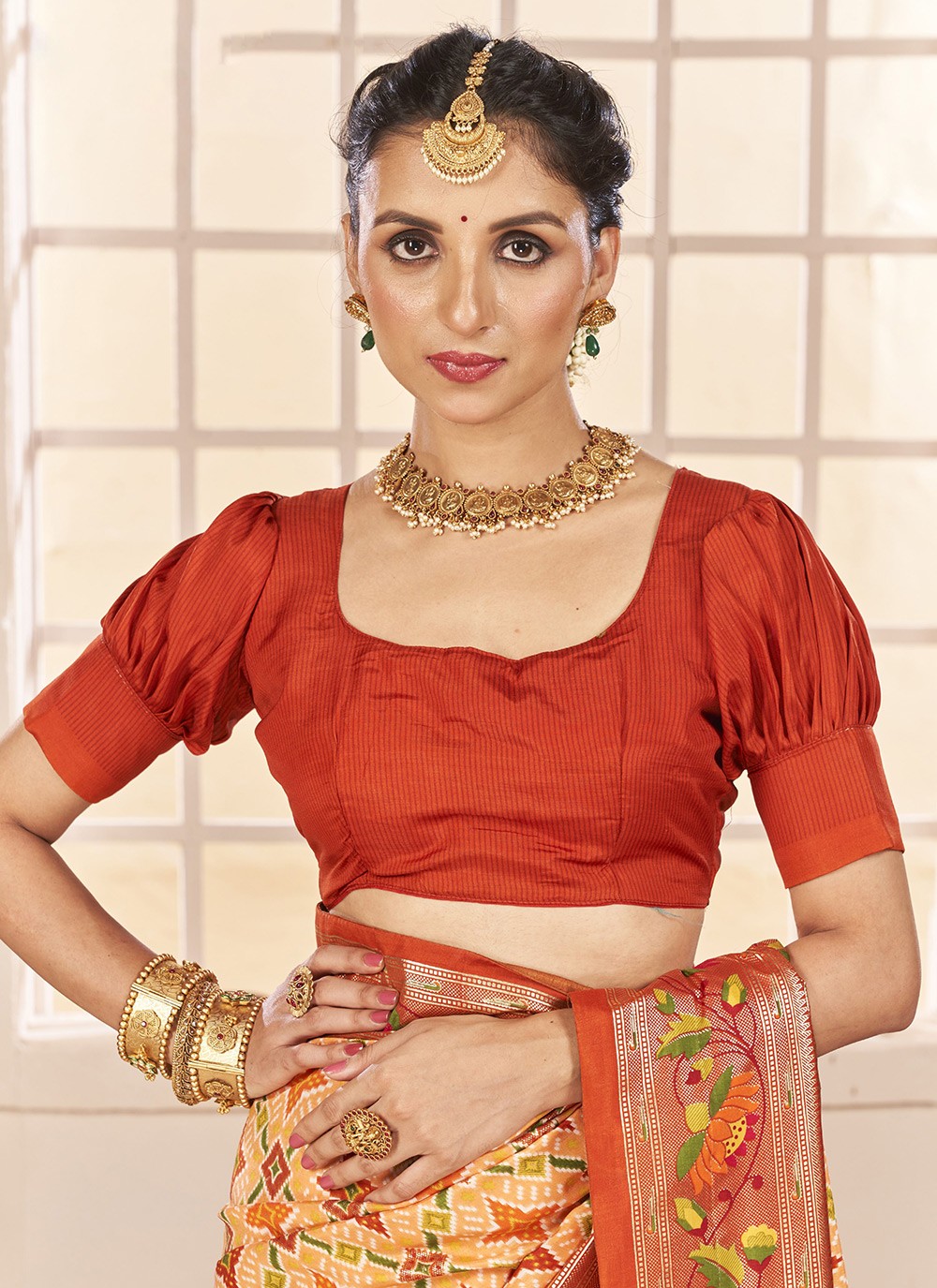 Border Work Cotton Silk Orange Classic Saree S15296