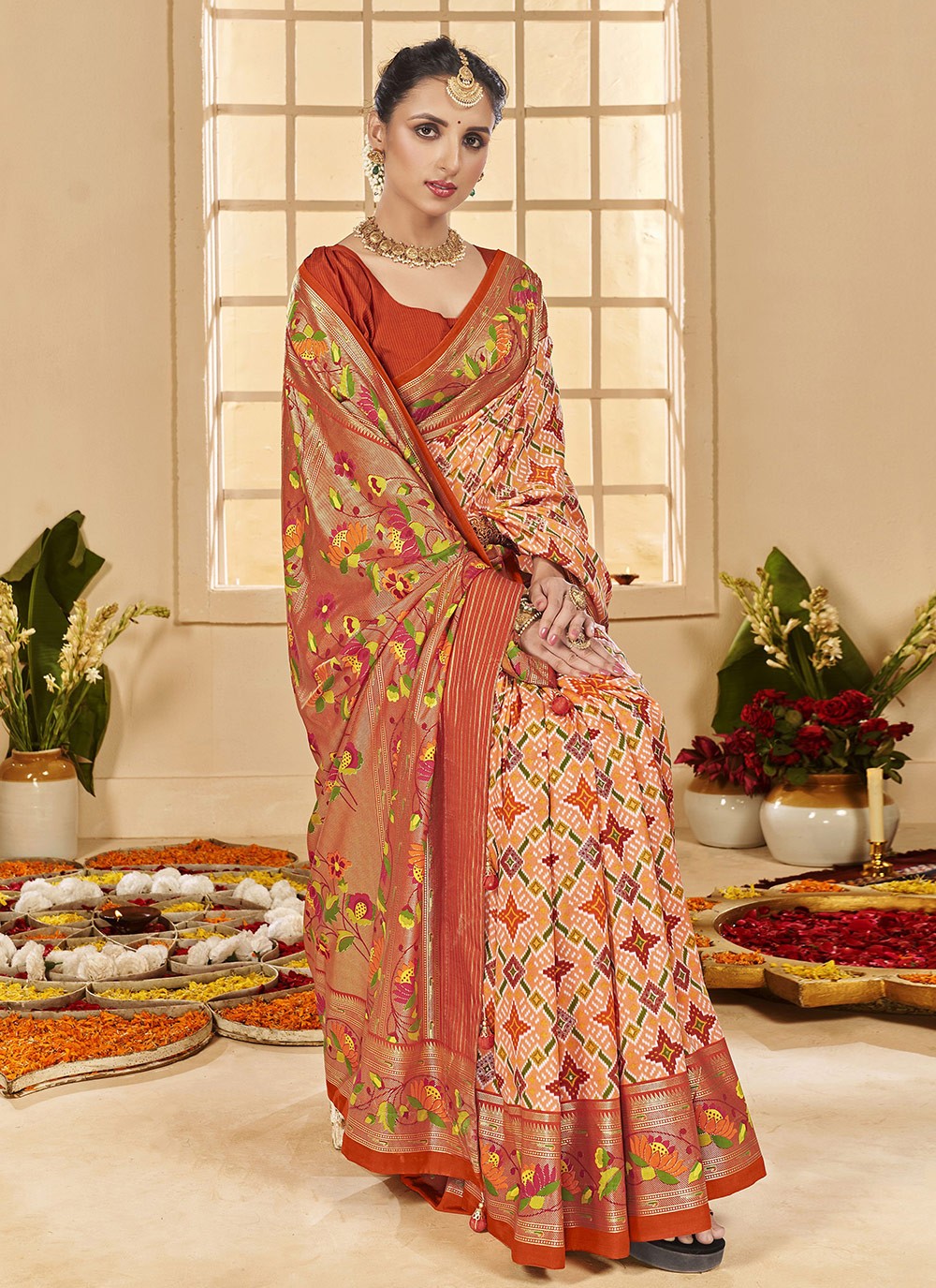 Border Work Cotton Silk Orange Classic Saree S15296
