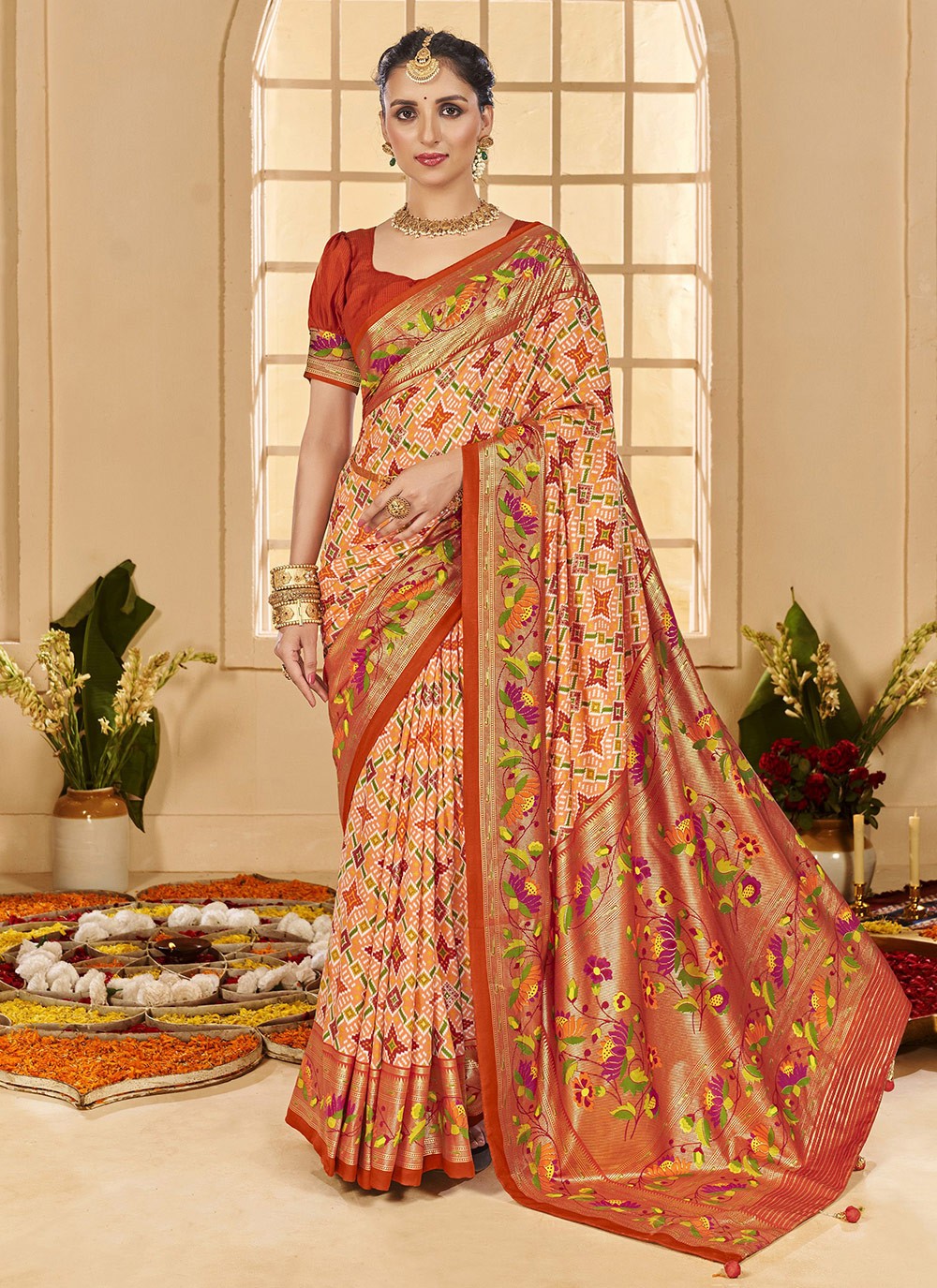 Border Work Cotton Silk Orange Classic Saree S15296