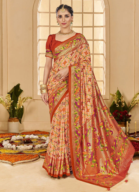 Border Work Cotton Silk Orange Classic Saree S15296