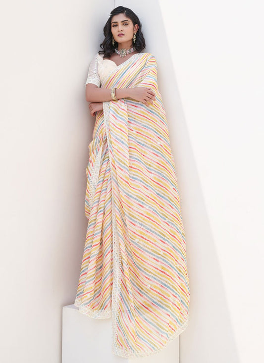 Cream Satin Classic Saree Border Work, Embroidered, Strips S18661