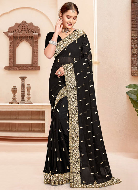 Border Work Georgette Black Saree S14638
