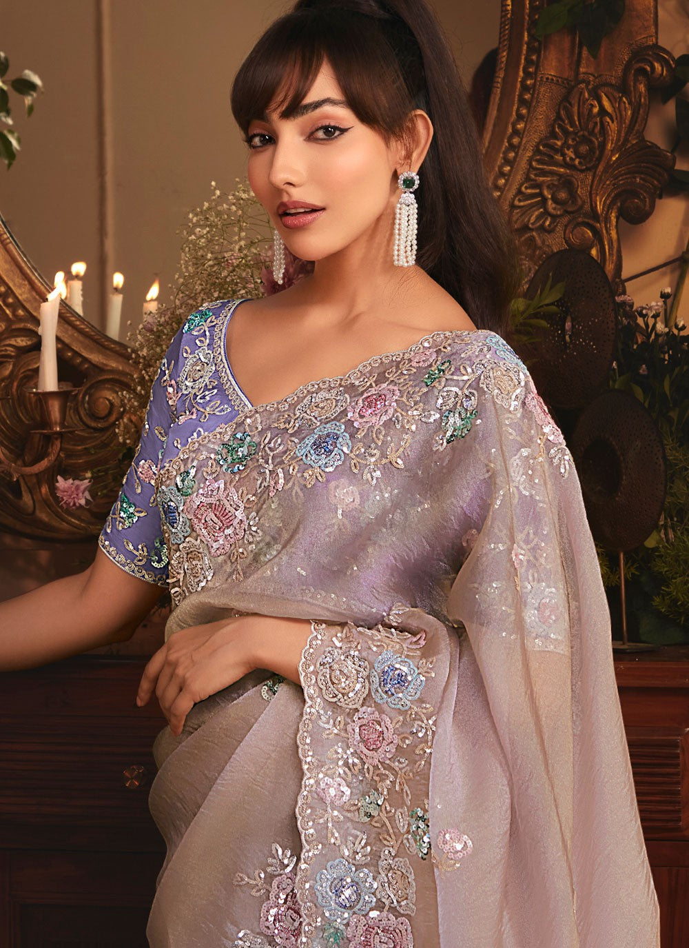 Mauve Organza Classic Saree Border Work, Cut Work, Embroidered, Sequins, Zari S19412