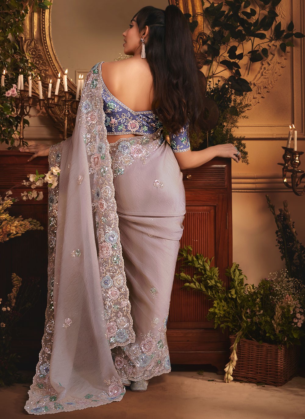 Mauve Organza Classic Saree Border Work, Cut Work, Embroidered, Sequins, Zari S19412