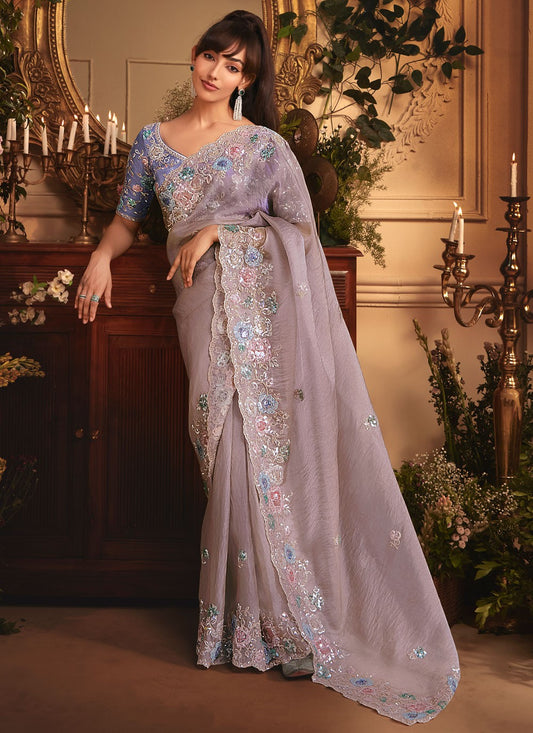 Mauve Organza Classic Saree Border Work, Cut Work, Embroidered, Sequins, Zari S19412