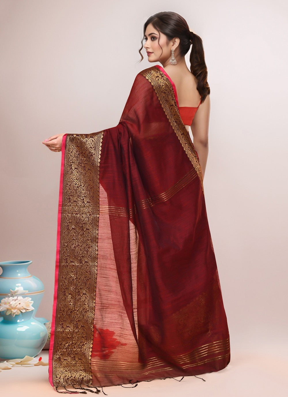 Maroon Blended Cotton Contemporary Saree Border Work S19994