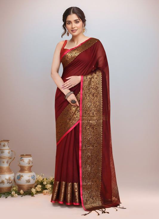 Maroon Blended Cotton Contemporary Saree Border Work S19994