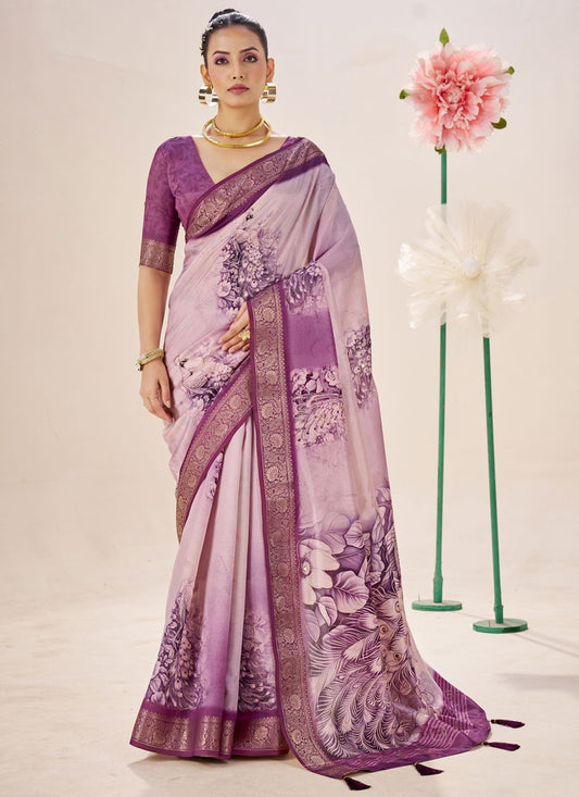 Mauve Silk Traditional Saree Border Work, Fancy Work, Printed, Weaving Zari S19081