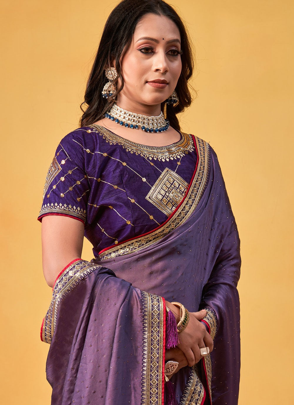 Trendy Saree Border Work Lavender Rangoli Saree S12687