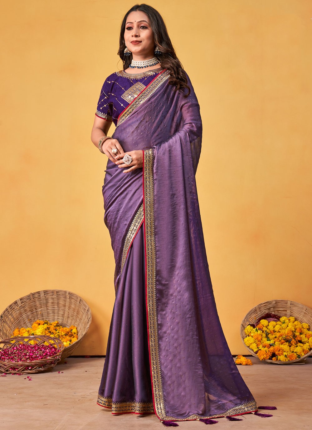 Trendy Saree Border Work Lavender Rangoli Saree S12687