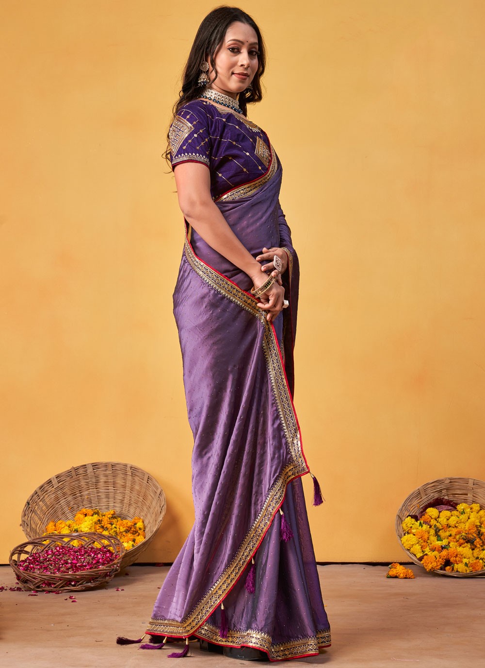 Trendy Saree Border Work Lavender Rangoli Saree S12687