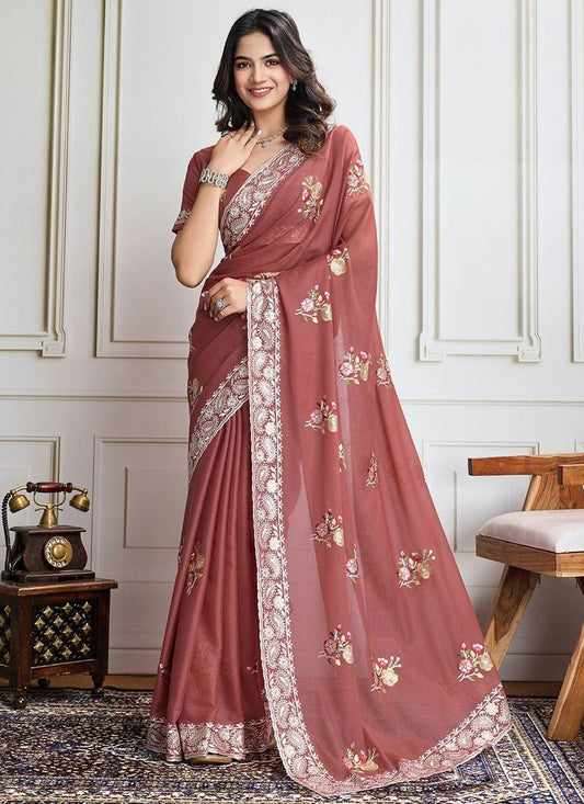 Border Work Georgette Brown Saree S14230
