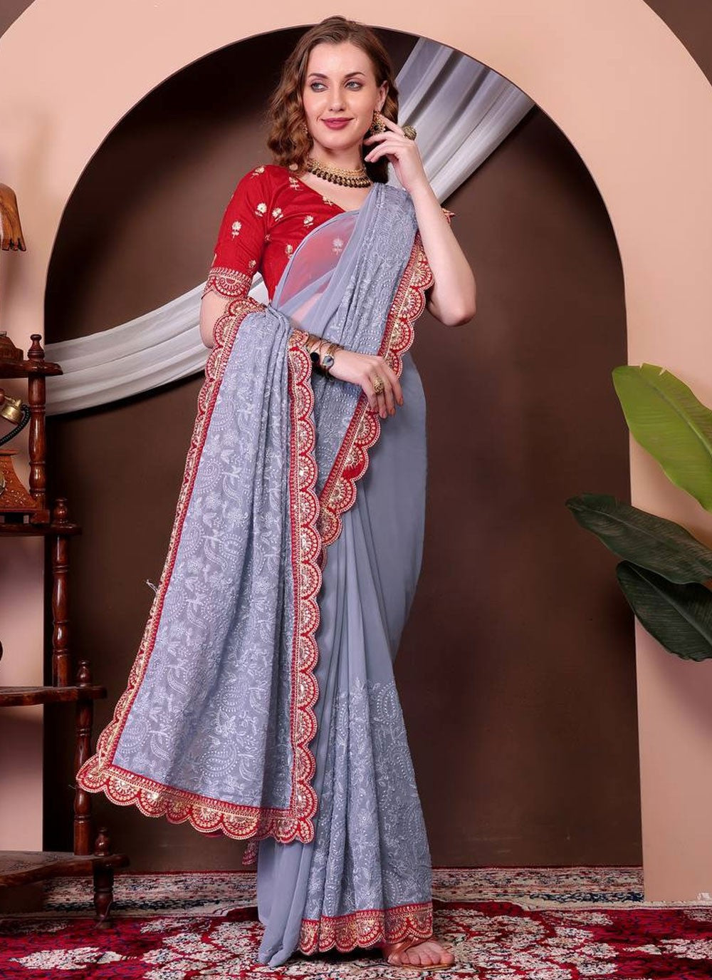 Contemporary Border Work Grey Georgette S12966
