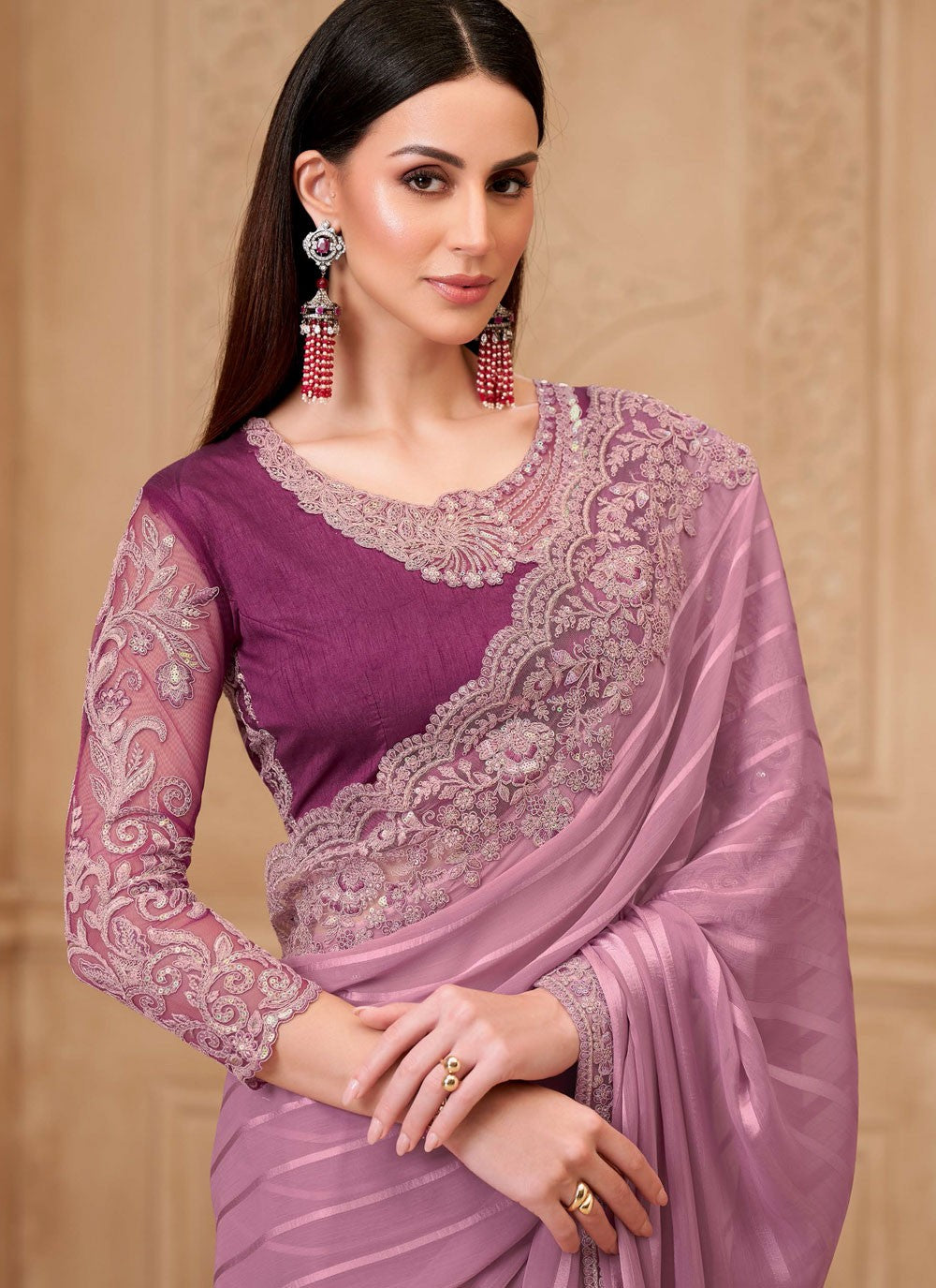 Pink Georgette Contemporary Saree Border Work, Embroidered S19785