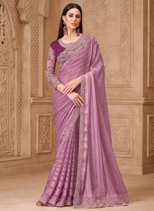 Pink Georgette Contemporary Saree Border Work, Embroidered S19785