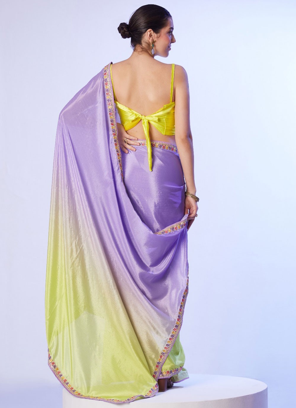 Designer Border Work Green, Lavender Chinon Saree S12761