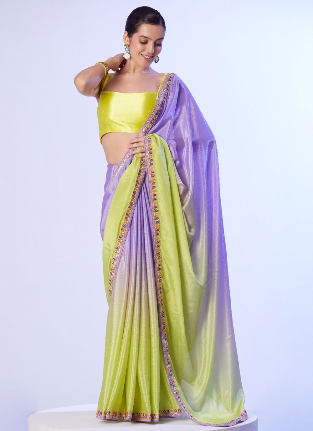 Designer Border Work Green, Lavender Chinon Saree S12761