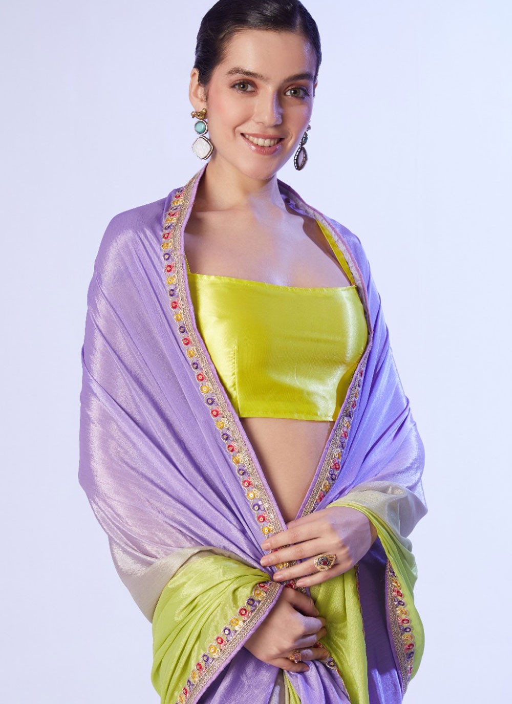 Designer Border Work Green, Lavender Chinon Saree S12761