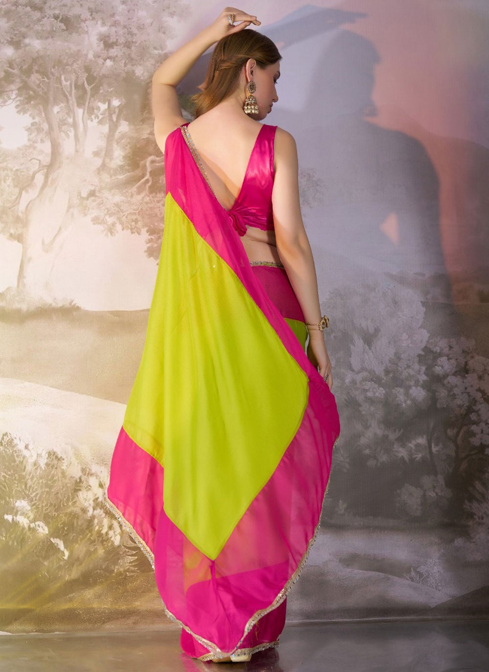 Designer Border Work Green Chiffon Saree S13718