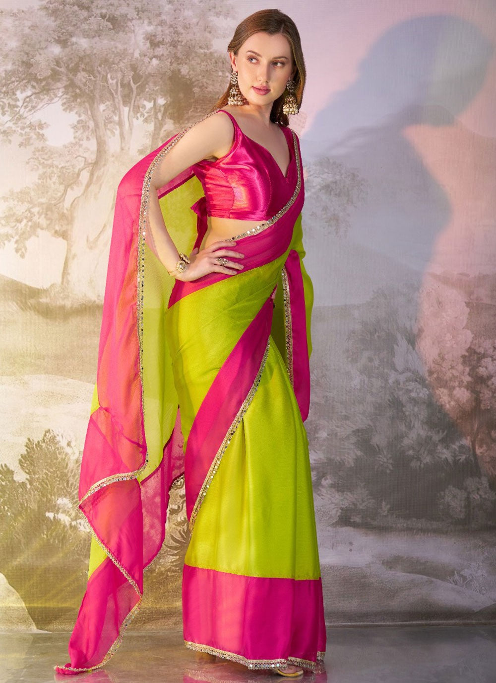 Designer Border Work Green Chiffon Saree S13718