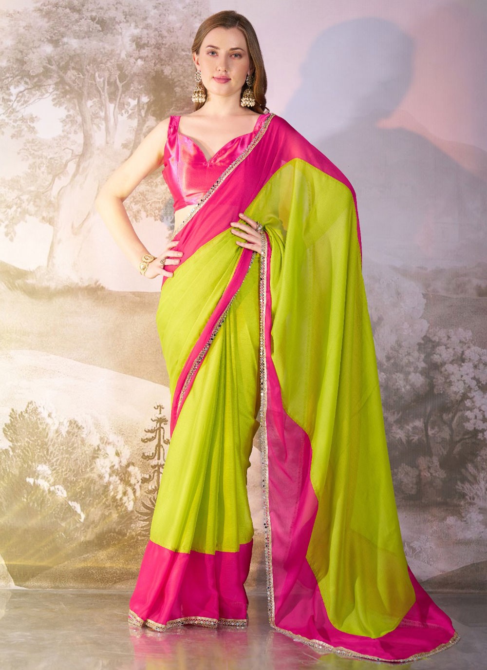 Designer Border Work Green Chiffon Saree S13718
