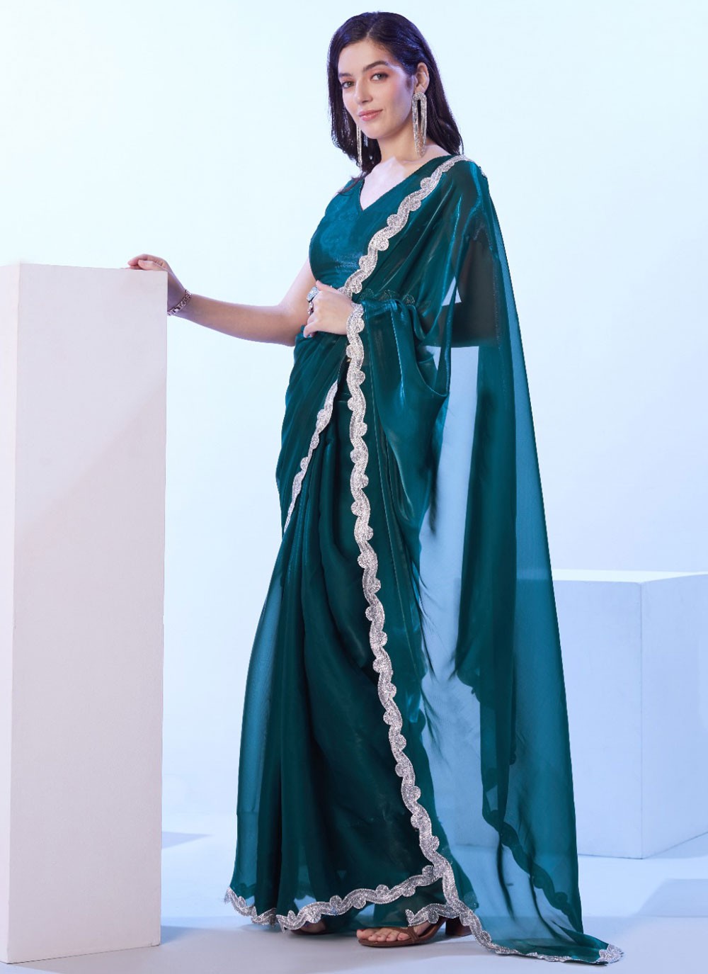 Classic Saree Border Work Green, Teal Jimmy Chu S12836