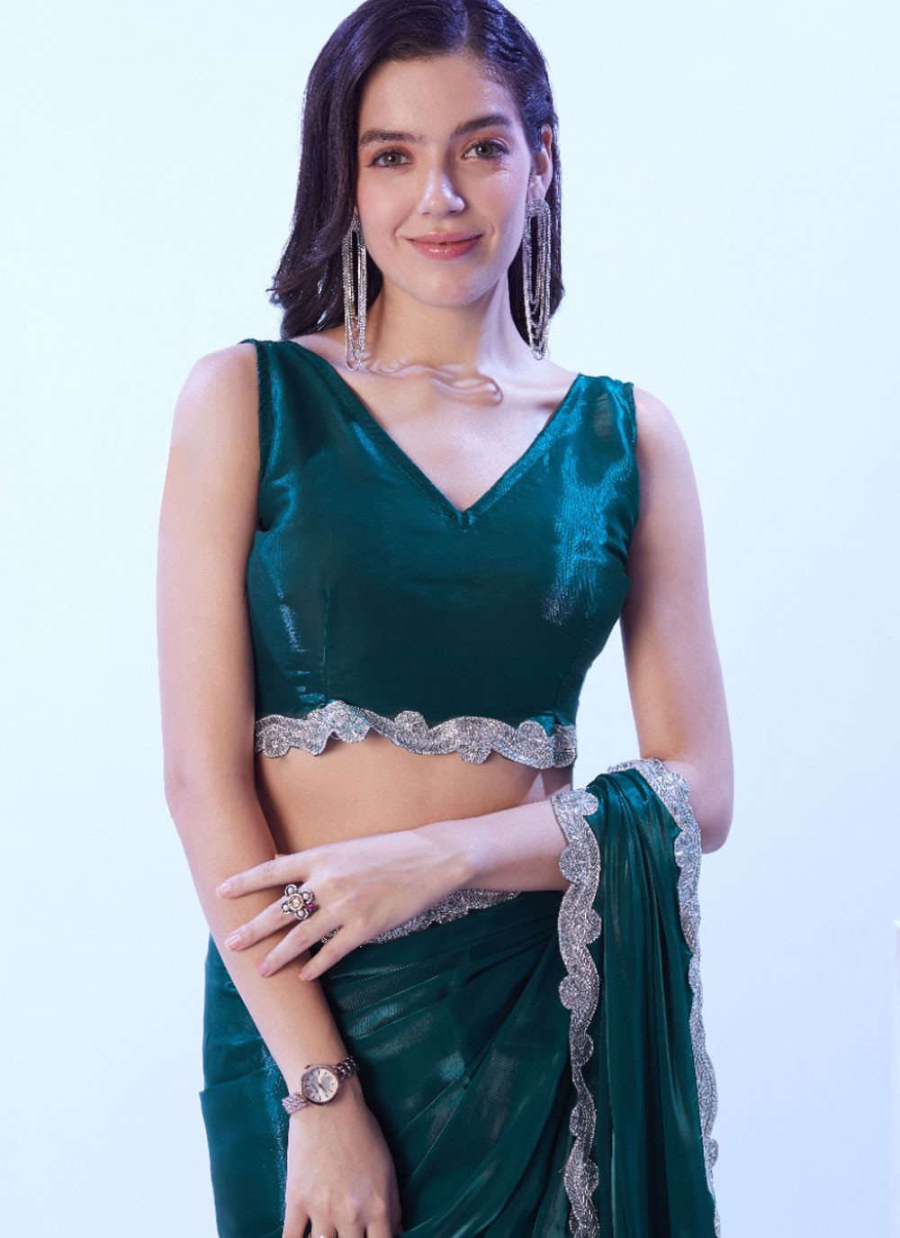 Classic Saree Border Work Green, Teal Jimmy Chu S12836