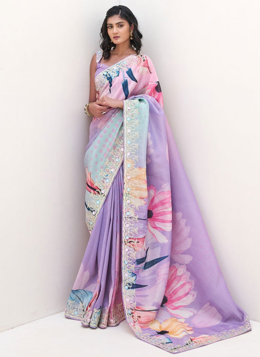 Lavender Tissue Trendy Saree Border Work, Digital Print, Embroidered S18665